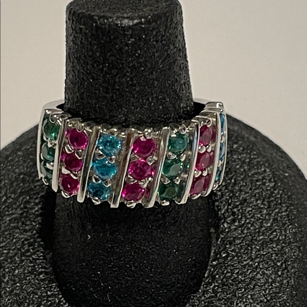 Sterling Silver Ring with Pink, Green, and Blue CZs
